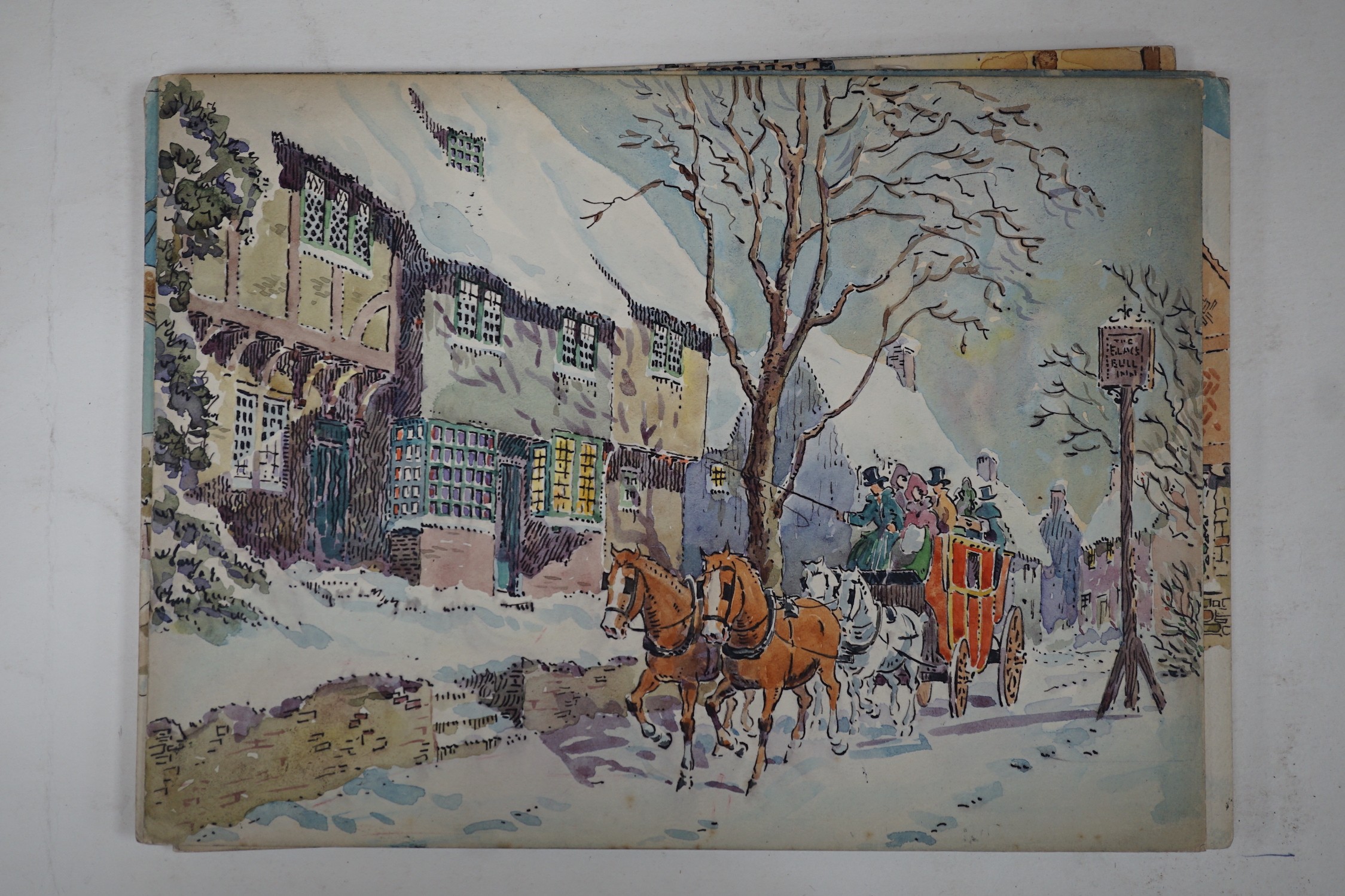 Maurice Wheatcroft, six ink and watercolour original greeting card designs, Victorian winter scenes, 19 x 27cm, unframed